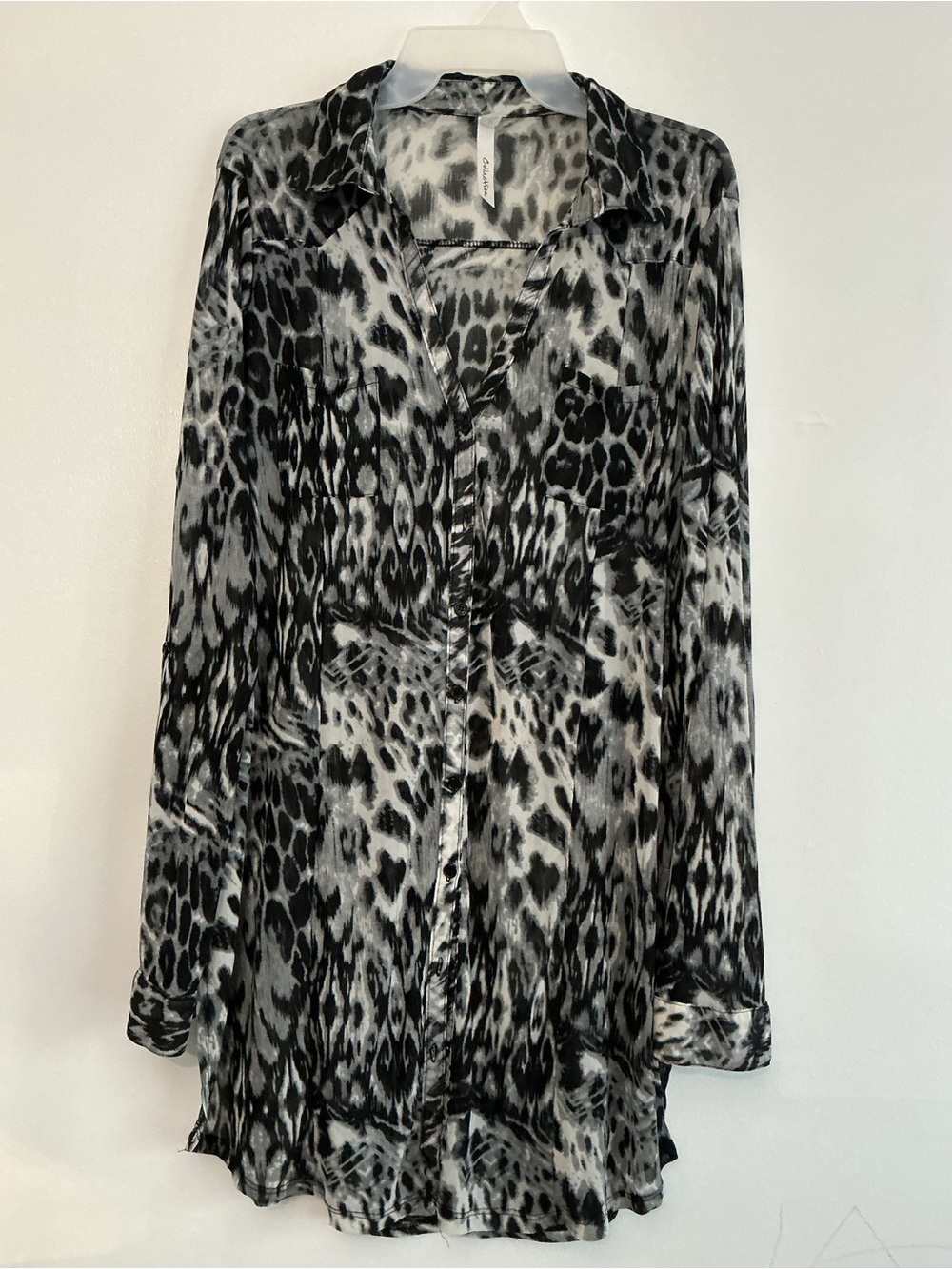Collection B Black and White Leopard Print Sheer Button-Up